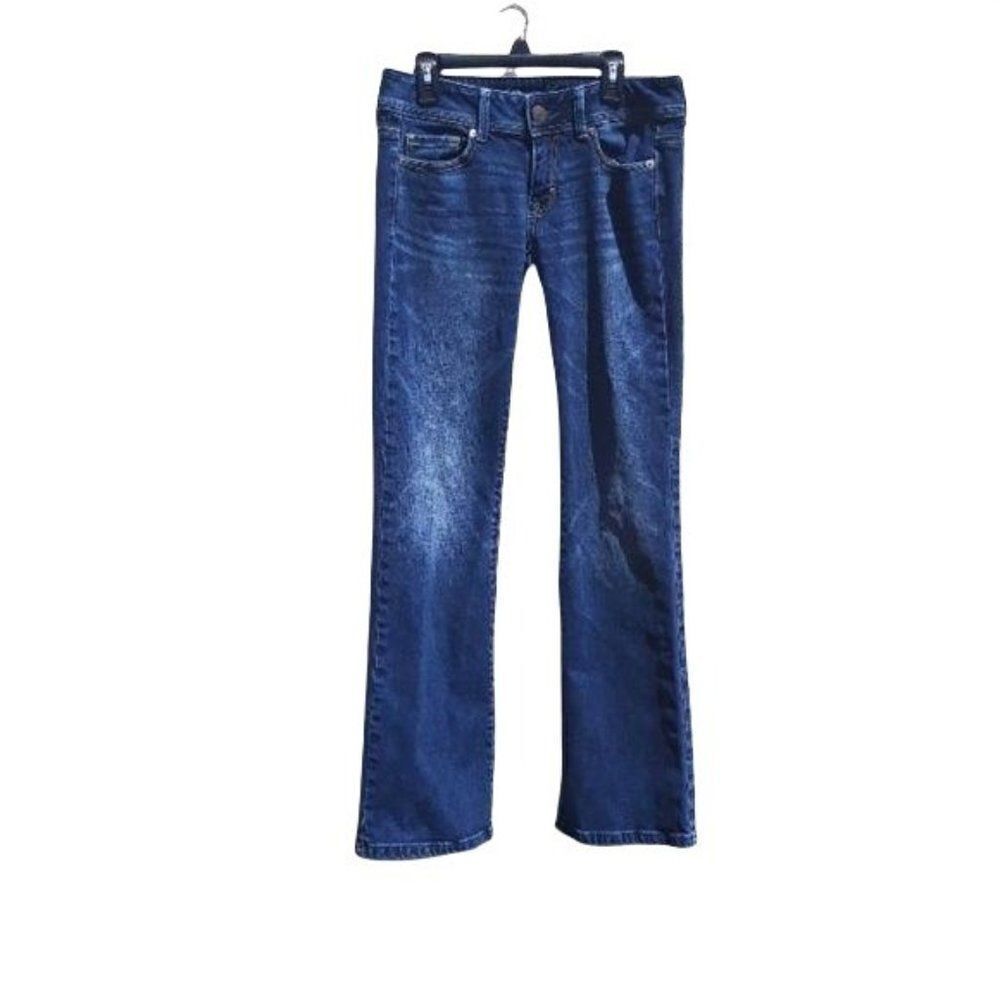 AEO Jeans Original Boot Cut Stretch Dark Wash Whiskering Embroidered Pocket Sz 2